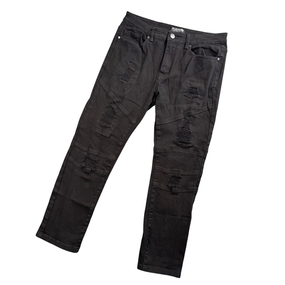 Platform Distressed Moto Jeans Mens 34x28 Black Ripped Slim Fit Denim‎ Pants